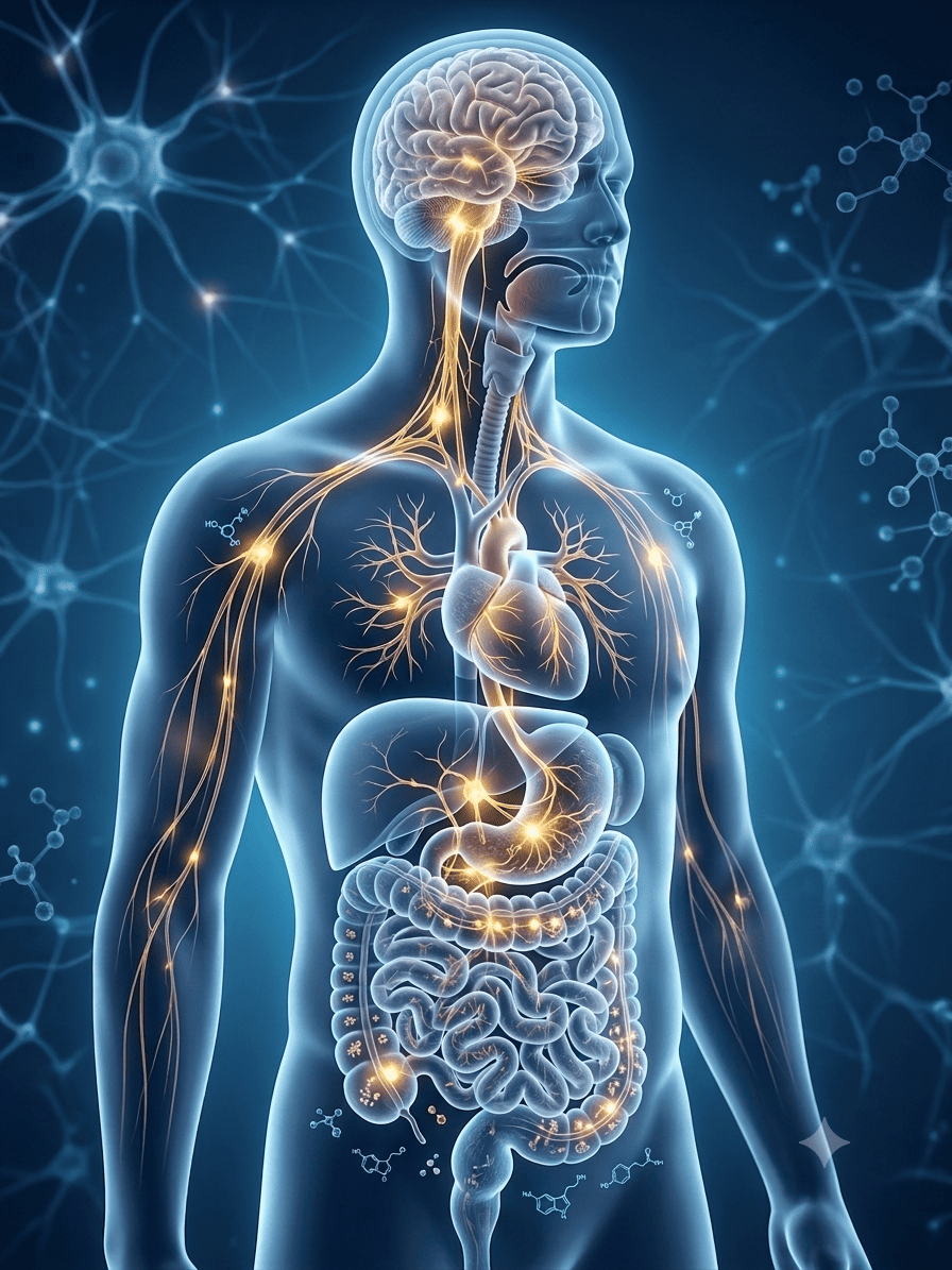 Illustration of the human body showing the vagus nerve pathway from the brainstem through the neck, chest and abdomen – the body's main relaxation nerve